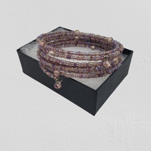 Vintage Purple & Silver Tone Beaded Wire Wrap Bracelet - Picture 1 of 6